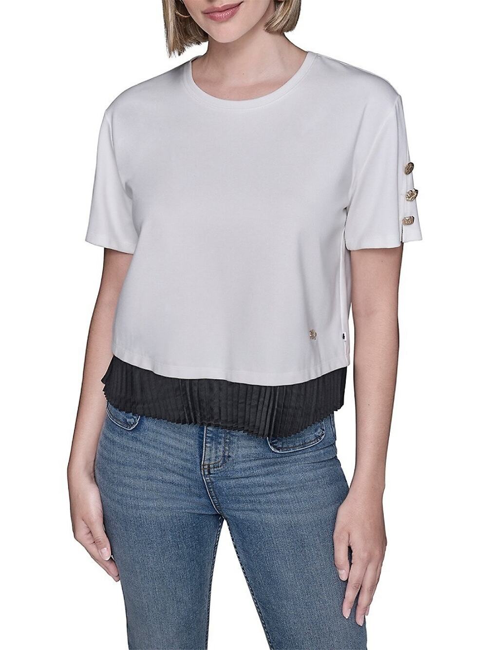 KARL LAGERFELD PARIS Women's Pleated Trim Hem Blouse Ivory Size M 0189